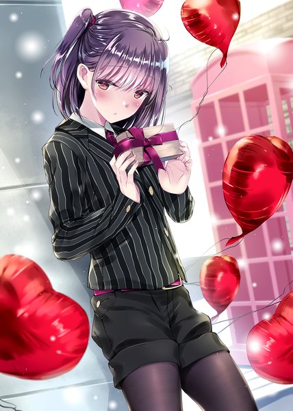 Anime picture 1276x1789 with original kobayashi chisato single tall image looking at viewer blush fringe short hair holding brown eyes purple hair long sleeves parted lips one side up valentine plaid against wall legwear under shorts girl shirt