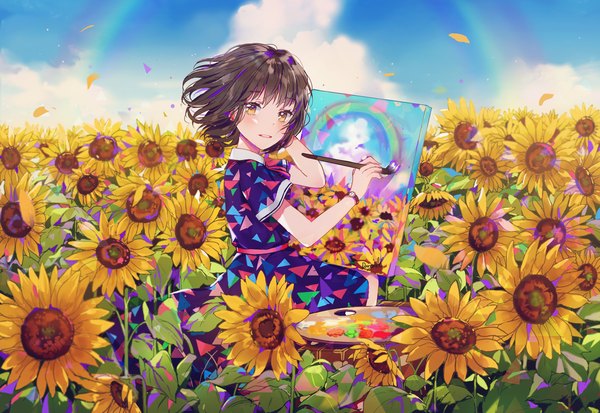 Anime picture 1500x1033 with original dangmill single looking at viewer blush fringe short hair brown hair sitting brown eyes sky cloud (clouds) looking back wind hand on head girl dress flower (flowers) petals clock
