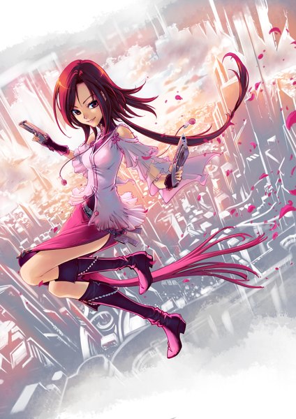 Anime picture 1060x1500 with original starnlei (artist) single long hair tall image red eyes red hair city cityscape weightlessness girl skirt weapon petals boots gun