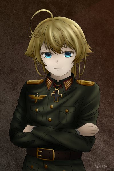 Anime picture 1000x1502 with youjo senki tanya degurechaff rikku150 single tall image looking at viewer fringe short hair blue eyes blonde hair signed upper body ahoge light smile crossed arms brown background military girl uniform belt