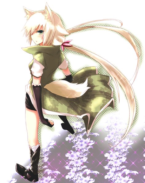 Anime picture 1124x1424 with original hayami shizuku naomi (sekai no hate no kissaten) single tall image looking at viewer blush fringe blonde hair simple background standing white background twintails green eyes animal ears full body tail very long hair parted lips animal tail