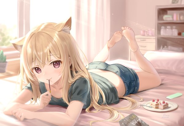 Anime picture 2919x2000 with original fluno single long hair looking at viewer fringe highres blonde hair smile hair between eyes purple eyes animal ears indoors lying barefoot bare legs on stomach eating girl shorts