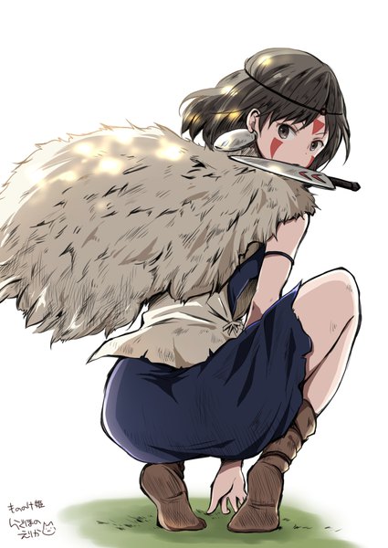 Anime picture 724x1023 with mononoke hime studio ghibli san ragho no erika single tall image looking at viewer short hair black hair simple background white background holding brown eyes signed looking back mouth hold squat face paint girl weapon