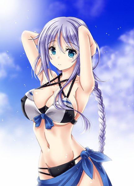 Anime picture 1080x1500 with kantai collection umikaze (kantai collection) amou yuu single long hair tall image looking at viewer breasts light erotic large breasts standing sky purple hair cloud (clouds) braid (braids) aqua eyes groin single braid arms behind head girl