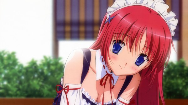 Anime picture 2560x1440 with da capo shirakawa kotori blush highres blue eyes wide image red hair maid x hair ornament