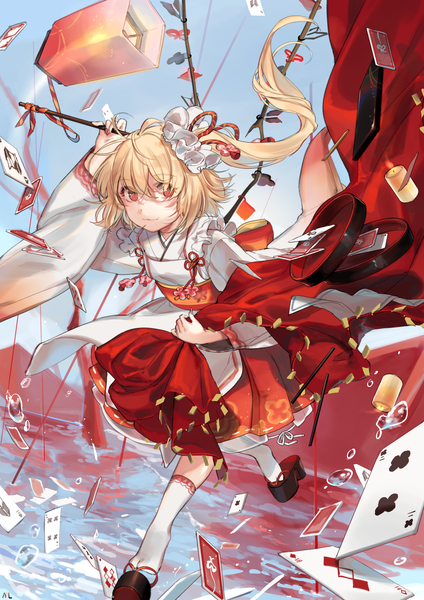 Anime picture 2480x3508 with touhou flandre scarlet shan single tall image looking at viewer fringe highres short hair blonde hair hair between eyes red eyes standing sky light smile one side up standing on one leg adapted costume wa maid alternate wings