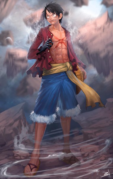 Anime picture 1303x2048 with one piece toei animation monkey d. luffy pu reum lee single tall image short hair black hair standing holding signed looking away full body black eyes open shirt fur trim scar muscle steam hat removed