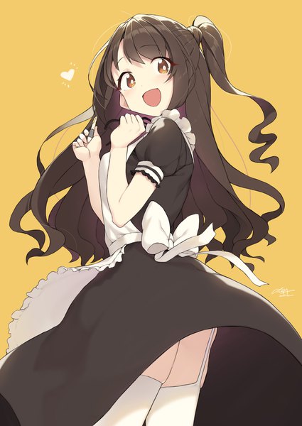 Anime picture 2338x3300 with idolmaster idolmaster cinderella girls shimamura uzuki cloba single long hair tall image looking at viewer highres open mouth light erotic simple background smile brown hair signed yellow eyes :d looking back from below short sleeves