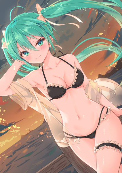 Anime picture 1061x1500 with vocaloid hatsune miku heartsix single long hair tall image blush fringe breasts light erotic smile hair between eyes standing twintails payot sky cleavage cloud (clouds) ahoge outdoors