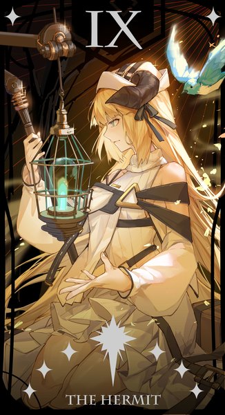 Anime picture 2247x4134 with arknights nightingale (arknights) kotatsu kaya single long hair tall image highres blue eyes blonde hair sitting bare shoulders holding looking away profile horn (horns) serious girl hat detached sleeves animal