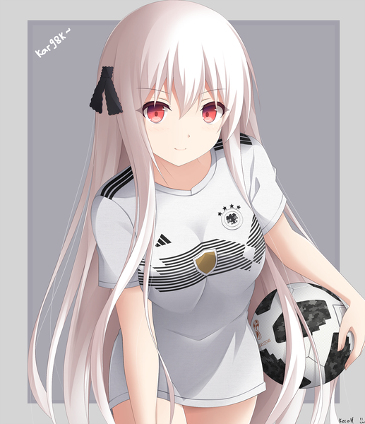 Anime picture 1550x1800 with girls frontline adidas world cup 2018 fifa world cup kar98k (girls frontline) keenh single tall image looking at viewer blush fringe breasts simple background smile hair between eyes red eyes standing holding signed white hair