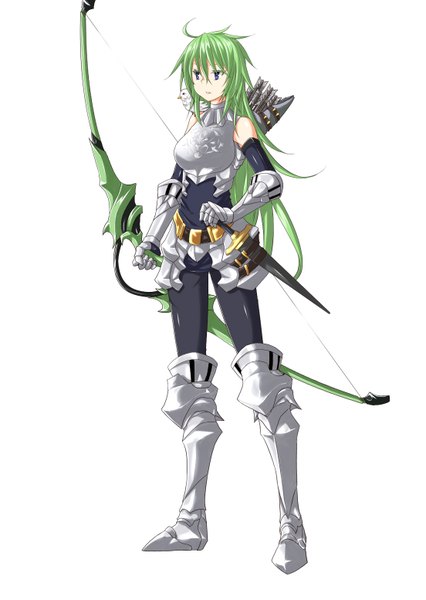 Anime picture 1104x1553 with original kaho single long hair tall image blue eyes simple background white background green eyes girl gloves weapon animal armor bird (birds) bow (weapon) arrow (arrows) dagger