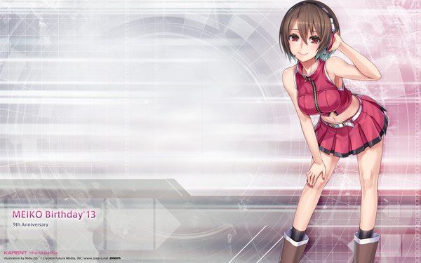 Anime picture 1920x1200 with vocaloid meiko 2d (artist) single highres short hair smile red eyes brown hair girl skirt boots headphones skirt set