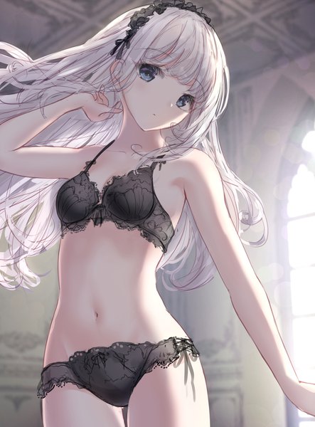 Anime picture 1276x1729 with original missle228 single long hair tall image looking at viewer blush fringe breasts blue eyes light erotic standing white hair indoors blunt bangs arm up underwear only thigh gap adjusting hair girl
