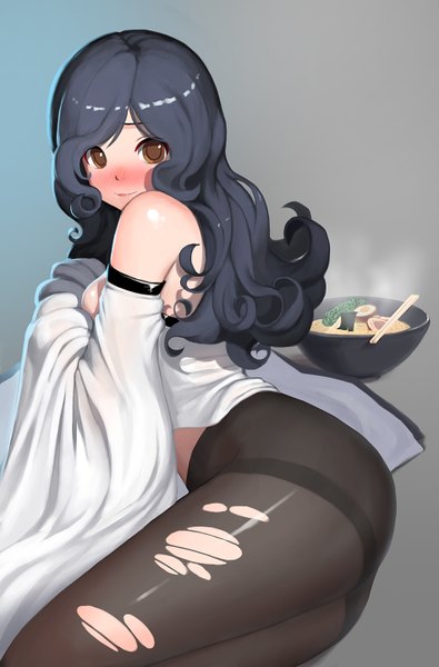 Anime picture 950x1442 with original naco single long hair tall image looking at viewer blush light erotic black hair simple background bare shoulders brown eyes ass grey background torn pantyhose girl detached sleeves pantyhose food noodles