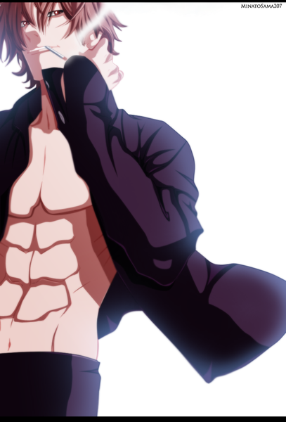 Anime picture 728x1072 with the breaker chun-woo minatosama207 single tall image short hair simple background smile red eyes brown hair white background open clothes open shirt coloring smoke muscle boy shirt cigarette