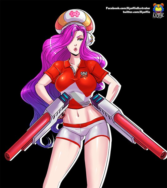 Anime picture 889x1000 with league of legends miss fortune (league of legends) arcade miss fortune (league of legends) kyoffie12 single long hair tall image fringe breasts blue eyes light erotic simple background large breasts looking away multicolored hair hair over one eye two-tone hair midriff legs black background