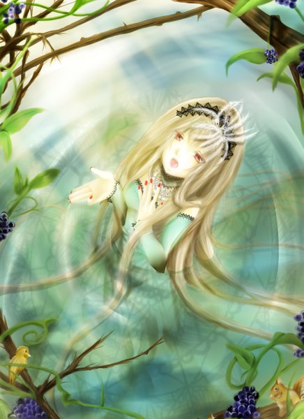 Anime picture 1913x2630 with yuri chikao single tall image highres open mouth blonde hair red eyes very long hair nail polish from above partially submerged girl dress detached sleeves animal hairband bird (birds) squirrel