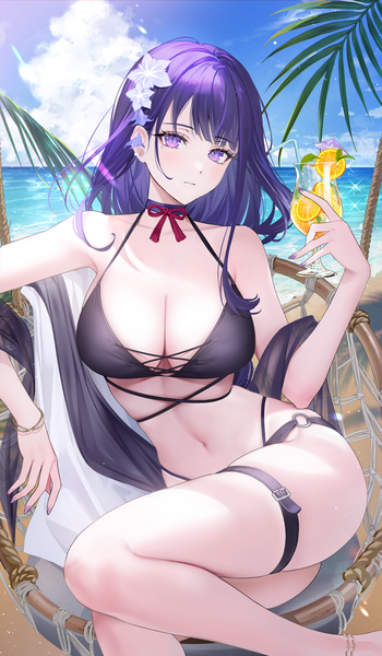 Anime picture 2100x3600 with genshin impact raiden shogun rity single long hair tall image looking at viewer fringe highres breasts light erotic large breasts sitting purple eyes holding sky purple hair cloud (clouds) outdoors blunt bangs