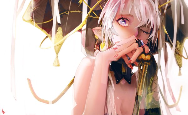 Anime picture 1200x737 with original zis (artist) single long hair looking at viewer fringe breasts blue eyes simple background wide image white background bare shoulders white hair nail polish one eye closed fingernails pointy ears wink glowing close-up