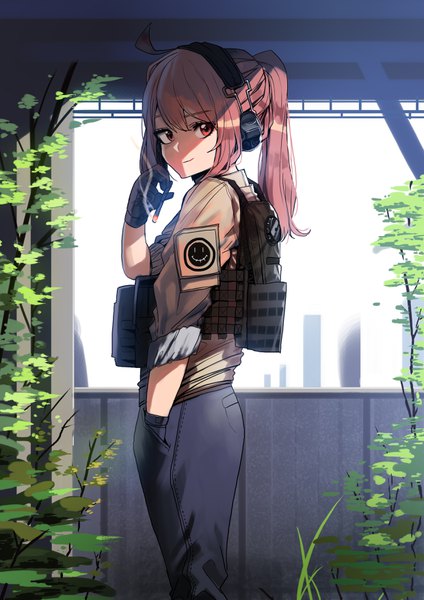 Anime picture 2480x3508 with original ihobus single long hair tall image looking at viewer fringe highres smile hair between eyes red eyes standing holding pink hair ahoge ponytail smoke hand in pocket military girl