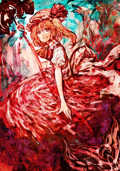 Anime picture 1000x1420 with touhou flandre scarlet akasia single tall image looking at viewer short hair blonde hair smile red eyes @ @ girl weapon laevatein (touhou)