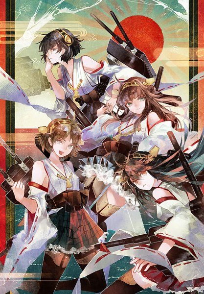 Anime picture 818x1177 with kantai collection kongou battleship haruna battleship kirishima battleship hiei battleship fori long hair tall image looking at viewer short hair open mouth black hair brown hair multiple girls brown eyes ahoge traditional clothes japanese clothes grey eyes nontraditional miko