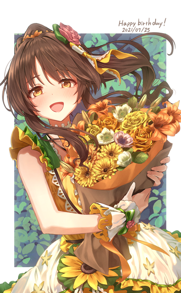 Anime picture 1680x2720 with idolmaster idolmaster cinderella girls takamori aiko greenkohgen single long hair tall image looking at viewer open mouth brown hair brown eyes ponytail :d sleeveless border dated outside border happy birthday girl dress