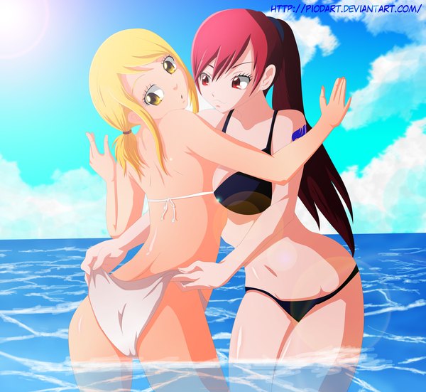 Anime picture 5497x5055 with fairy tail lucy heartfilia erza scarlet piodanilo long hair highres light erotic blonde hair smile red eyes multiple girls yellow eyes absurdres sky cloud (clouds) red hair looking back sunlight :o tattoo