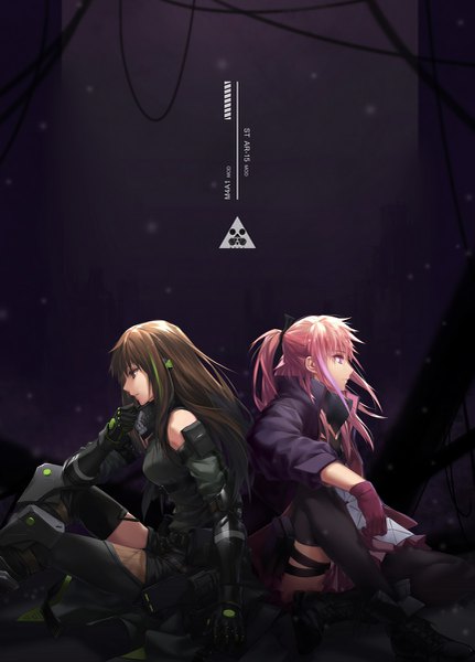 Anime picture 863x1200 with girls frontline m4a1 (girls frontline) st ar-15 (girls frontline) langlang long hair tall image brown hair sitting purple eyes multiple girls brown eyes looking away pink hair ponytail profile multicolored hair two-tone hair streaked hair character names back to back