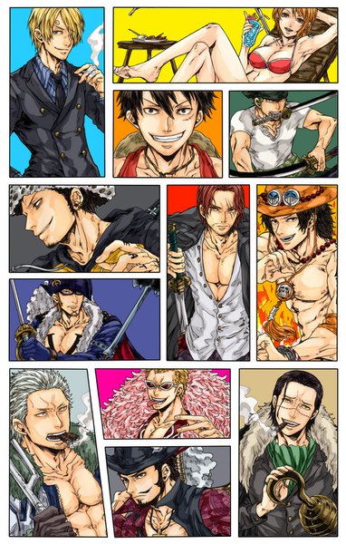 Anime picture 956x1500 with one piece toei animation nami (one piece) monkey d. luffy roronoa zoro sanji portgas d. ace trafalgar law shanks donquixote doflamingo sir crocodile dracule mihawk smoker (one piece) x drake shuttahellup tall image looking at viewer fringe short hair breasts