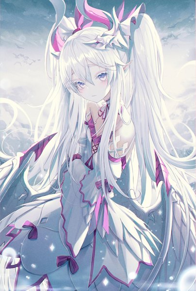 Anime picture 2762x4096 with original okazu (eightstudio) single long hair tall image looking at viewer blush fringe highres breasts hair between eyes standing purple eyes twintails bare shoulders sky cleavage cloud (clouds) outdoors white hair