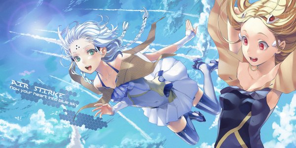 Anime picture 1000x500 with original salmon88 long hair looking at viewer open mouth blue eyes blonde hair red eyes wide image multiple girls blue hair sky cloud (clouds) braid (braids) aqua eyes arms up twin braids lens flare falling girl