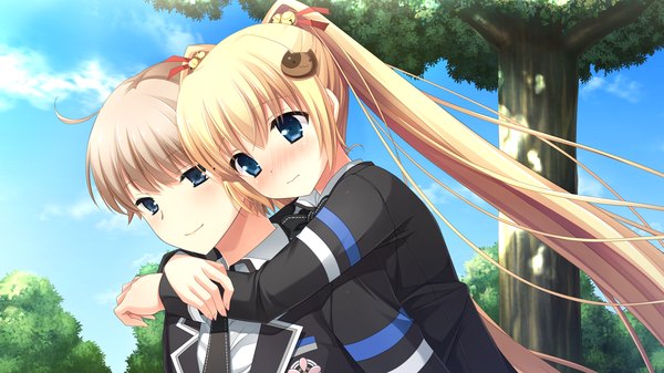 Anime picture 1920x1080 with imouto no okage de mote sugite yabai asasaka meguri ikegami akane long hair blush highres short hair blue eyes blonde hair wide image twintails game cg couple girl boy uniform hair ornament plant (plants) school uniform tree (trees)