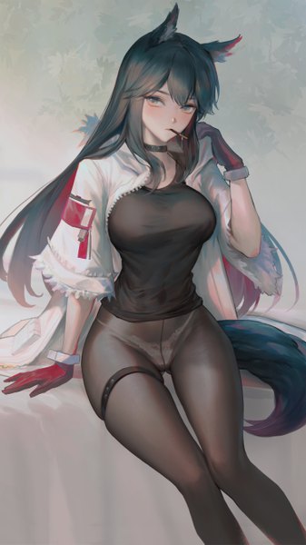 Anime picture 3000x5337 with arknights texas (arknights) texas (winter messenger) (arknights) youyi (jiam009) single long hair tall image looking at viewer blush fringe highres breasts light erotic black hair large breasts sitting holding brown eyes animal ears payot