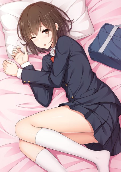 Anime picture 752x1062 with original nakamura sumikage single tall image blush fringe short hair open mouth hair between eyes brown hair brown eyes bent knee (knees) lying pleated skirt one eye closed from above on side girl skirt uniform