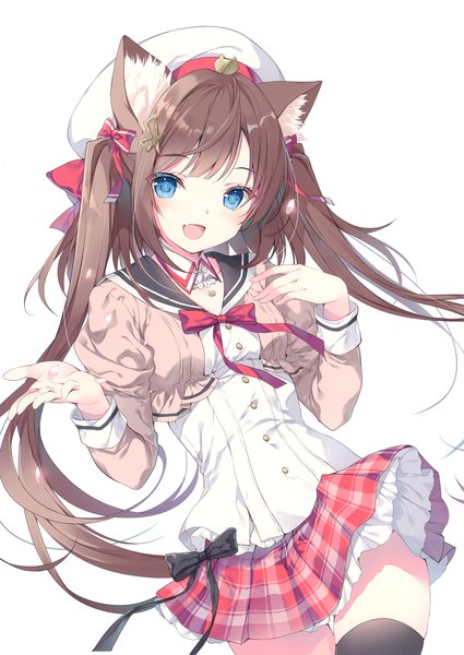 Anime picture 2093x2952 with original miwabe sakura single long hair tall image looking at viewer blush fringe highres open mouth blue eyes simple background smile brown hair standing white background twintails animal ears payot blunt bangs