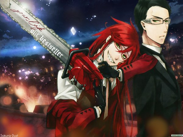 Anime picture 1400x1050 with kuroshitsuji a-1 pictures grell sutcliff william t. spears toboso yana long hair short hair black hair smile green eyes very long hair night teeth cityscape sharp teeth boy gloves glasses necktie suit