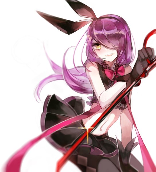 Anime picture 1000x1102 with unlight stacia (unlight) vima single long hair tall image looking at viewer fringe simple background white background yellow eyes purple hair hair over one eye bare belly girl skirt gloves navel ribbon (ribbons) weapon