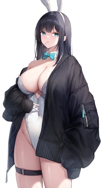 Anime picture 3803x7068 with original torrentduck single long hair tall image looking at viewer fringe highres breasts light erotic black hair simple background standing white background holding animal ears absurdres blunt bangs long sleeves aqua eyes