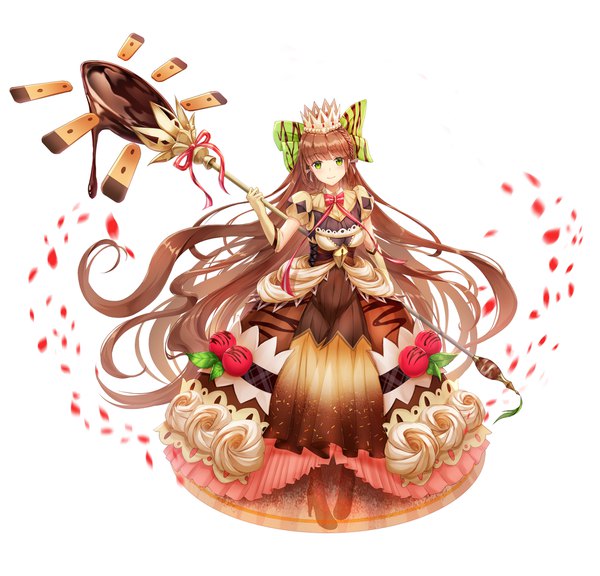 Anime picture 2270x2180 with food fantasy tiramisu (food fantasy) lunacle single looking at viewer fringe highres smile brown hair standing white background holding green eyes payot full body blunt bangs braid (braids) very long hair high heels puffy sleeves