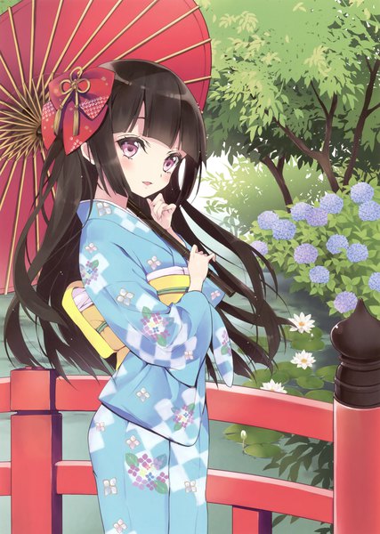 Anime picture 2489x3500 with original yukiwo single long hair tall image looking at viewer blush highres black hair purple eyes traditional clothes japanese clothes scan official art girl hair ornament flower (flowers) kimono umbrella obi