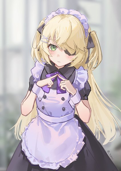 Anime picture 1800x2546 with genshin impact fischl (genshin impact) yukiri (l ii) single long hair tall image looking at viewer blush fringe highres blonde hair standing green eyes signed upper body hair over one eye maid two side up alternate costume depth of field
