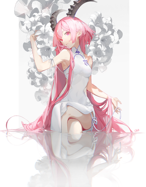 Anime picture 2200x2800 with original chi4 single tall image looking at viewer fringe highres sitting bare shoulders holding signed payot pink hair blunt bangs very long hair traditional clothes head tilt pink eyes arm up horn (horns)