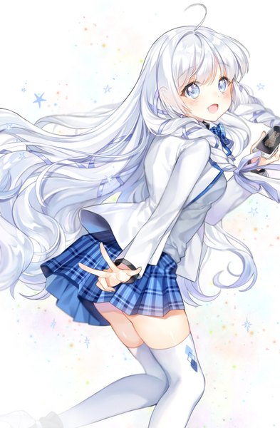 Anime picture 550x838 with original pingo single long hair tall image looking at viewer blush fringe open mouth blue eyes light erotic simple background smile standing white background holding payot ahoge bent knee (knees) white hair