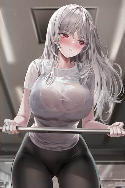 Anime-Bild 2731x4096 mit original lillly single long hair tall image blush fringe highres breasts light erotic red eyes large breasts standing holding silver hair indoors blunt bangs from below short sleeves sweat