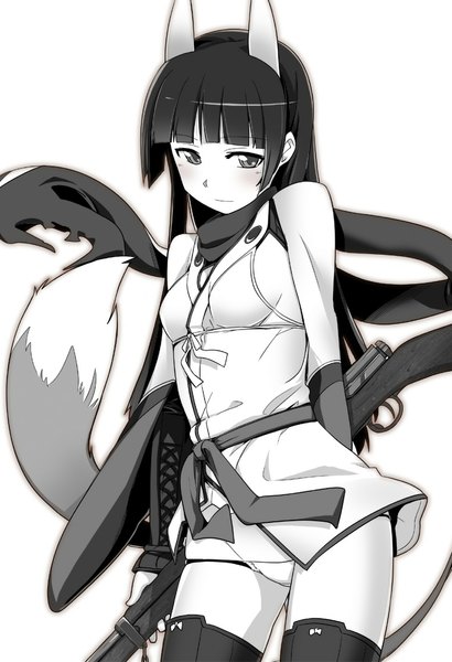 Anime picture 760x1113 with strike witches anabuki tomoko ningen (ningen96) single long hair tall image blush fringe light erotic black hair simple background white background holding animal ears tail traditional clothes japanese clothes animal tail fox ears fox tail