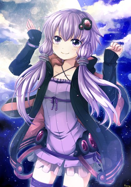 Anime picture 1200x1714 with vocaloid yuzuki yukari kanna (chaos966) single long hair tall image looking at viewer blush smile purple eyes twintails purple hair cloud (clouds) night open clothes open jacket low twintails girl dress hair ornament