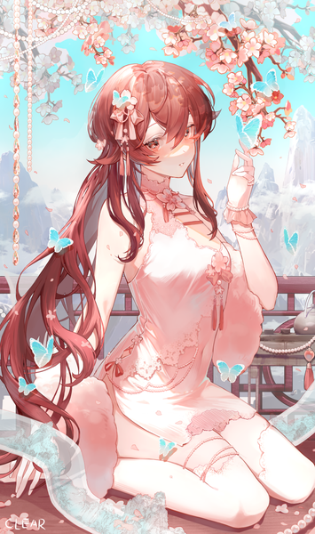 Anime picture 750x1269 with genshin impact hu tao (genshin impact) clear regulus single long hair tall image looking at viewer blush fringe hair between eyes red eyes brown hair sitting signed sky outdoors traditional clothes parted lips arm up cherry blossoms