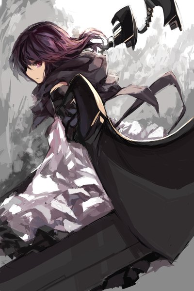Anime picture 1417x2125 with original paradise (character) swd3e2 single long hair tall image looking at viewer purple eyes purple hair sketch girl dress gloves weapon sword black gloves